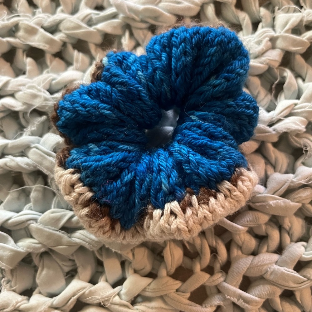 Blue and Brown Knit Hair Scrunchie